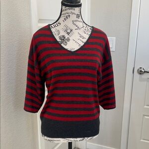 New York & Company Red and Black Striped V-Neck Sweater